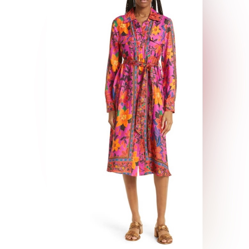 NWT $260 FARM Rio Tropical Tapestry Long Sleeve Belted Shirtdress in size Medium